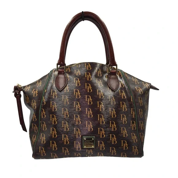 Dooney & Bourke Monogram Satchel Bag Brown Gold DB‎ Logo 1975 Leather Trim - Picture 10 of 11